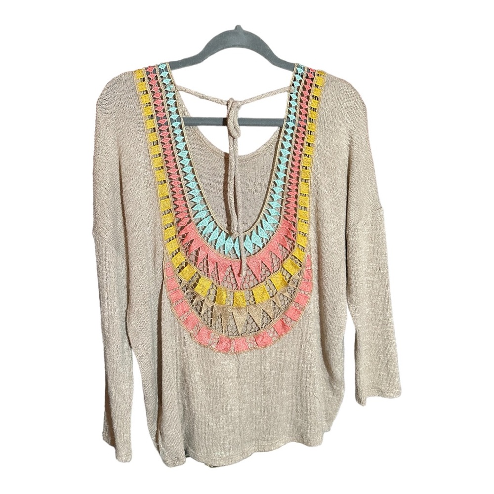 WRANGLER 3/4 sleeve open back crochet tie back top